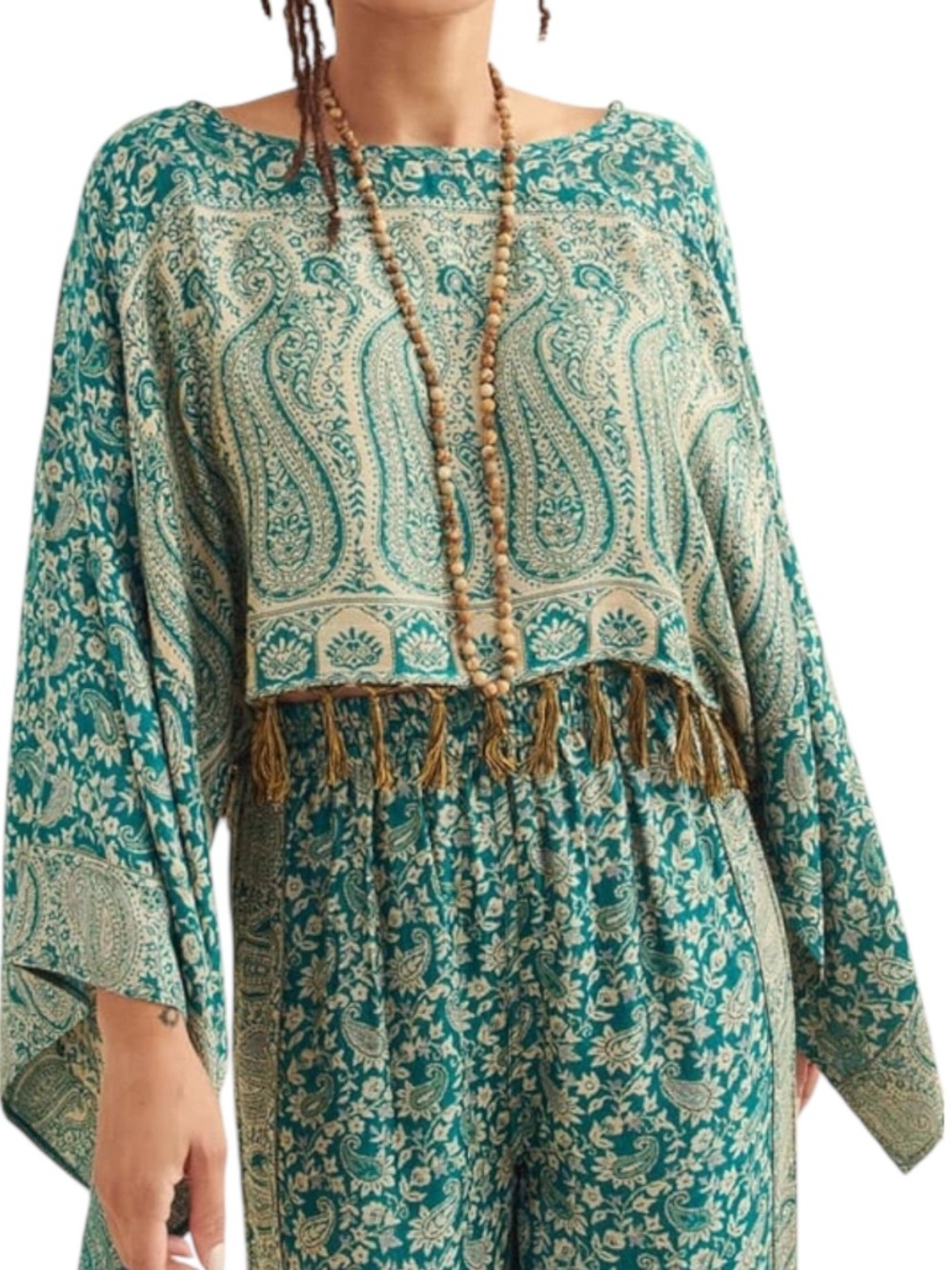 Earthbound Trading Green Paisley Fringe Crop Top Kimono Sleeve Boho Festival S